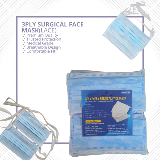 3 Ply Disposable Face Mask with Melt-Blown Filter – Tie-On (Lace Type) | CLINIQ CARE